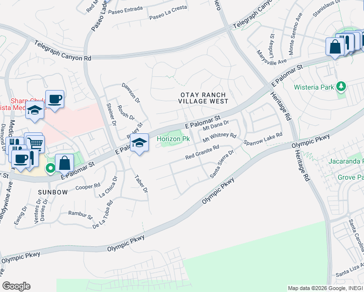 map of restaurants, bars, coffee shops, grocery stores, and more near 1455 Chance Mountain Place in Chula Vista