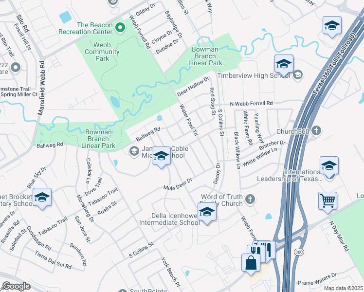 map of restaurants, bars, coffee shops, grocery stores, and more near 1315 Red Deer Way in Arlington