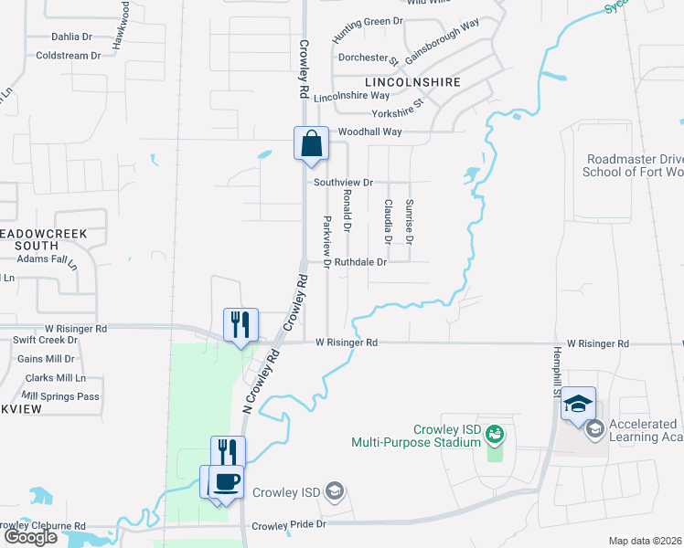 map of restaurants, bars, coffee shops, grocery stores, and more near 9432 Ronald Drive in Fort Worth