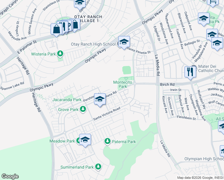 map of restaurants, bars, coffee shops, grocery stores, and more near 1506 Pershing Road in Chula Vista