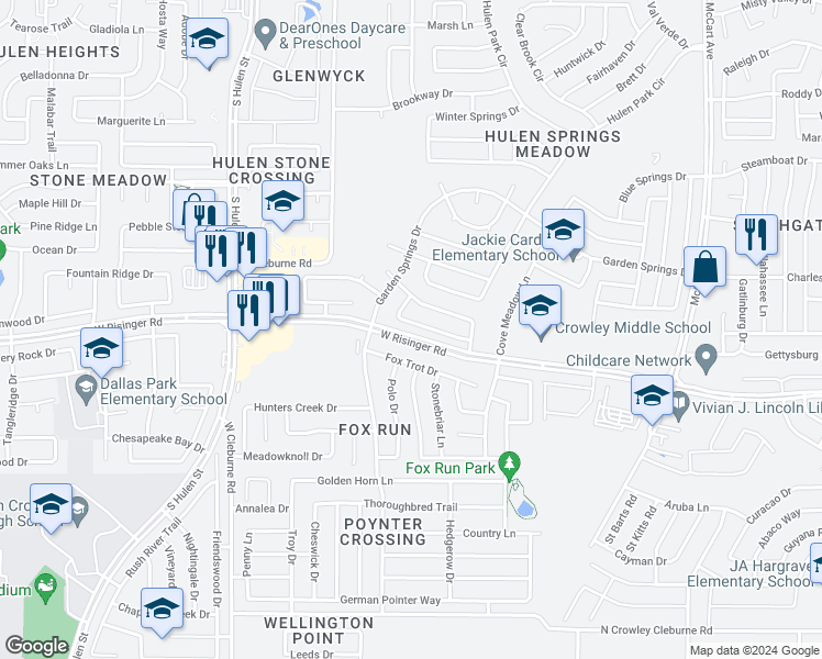 map of restaurants, bars, coffee shops, grocery stores, and more near 4029 Busch Gardens Drive in Fort Worth