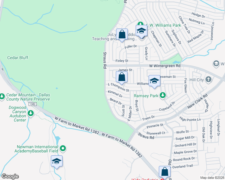 map of restaurants, bars, coffee shops, grocery stores, and more near 449 L Thompson Street in Cedar Hill