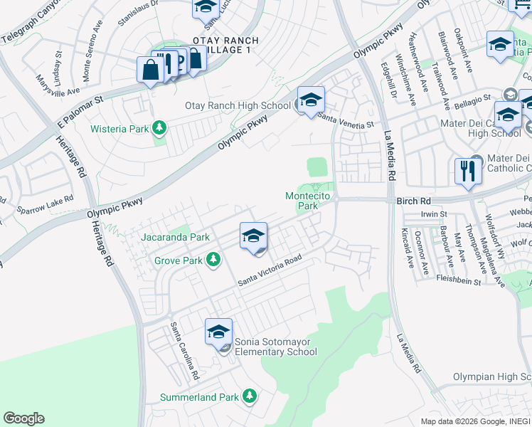 map of restaurants, bars, coffee shops, grocery stores, and more near 1481 Pershing Road in Chula Vista
