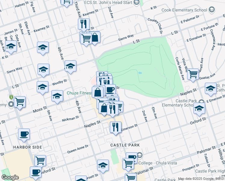 map of restaurants, bars, coffee shops, grocery stores, and more near 1875 Auto Park Avenue in Chula Vista