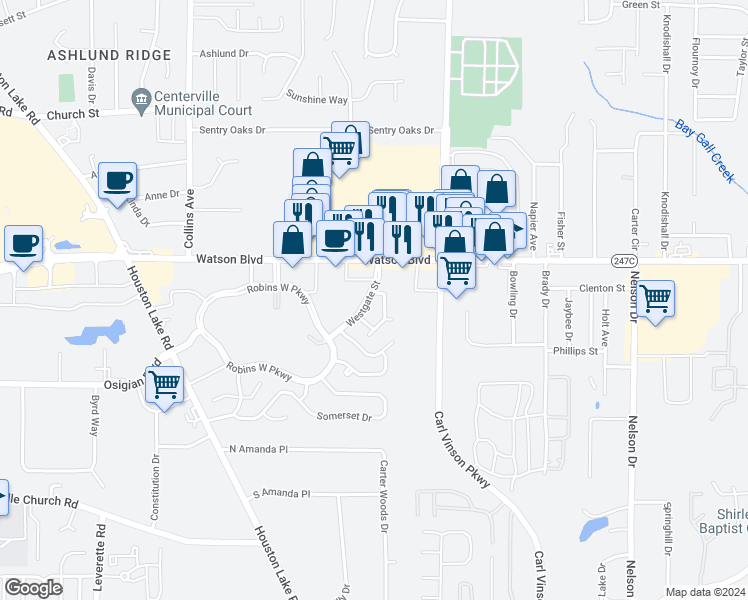 map of restaurants, bars, coffee shops, grocery stores, and more near 102 Wingate Circle in Warner Robins