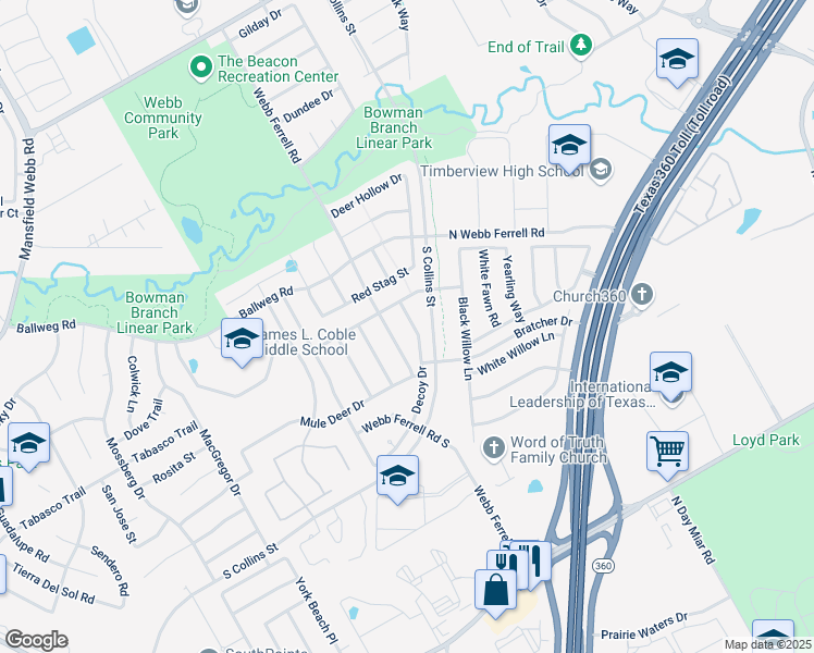 map of restaurants, bars, coffee shops, grocery stores, and more near 7708 Decoy Drive in Arlington