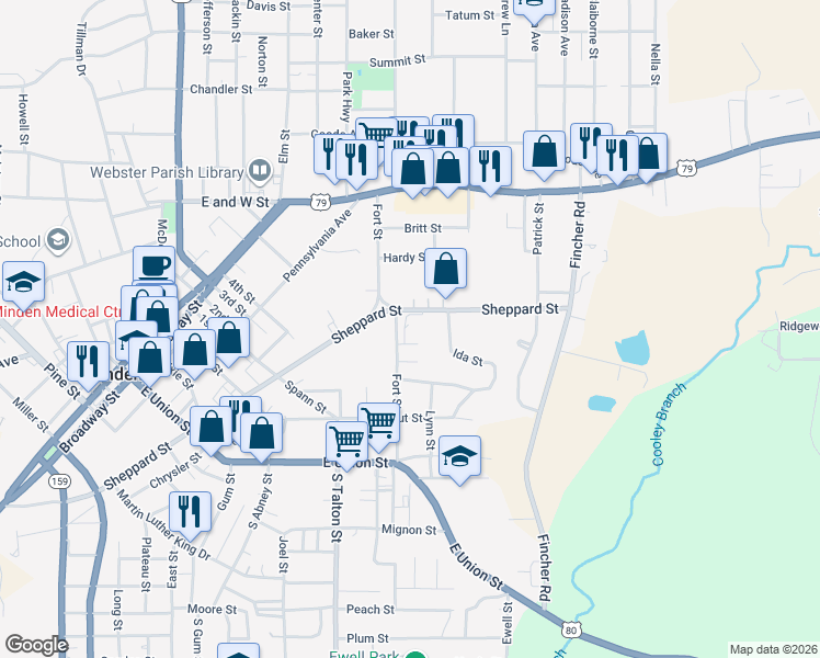 map of restaurants, bars, coffee shops, grocery stores, and more near 1355 Sheppard Street in Minden