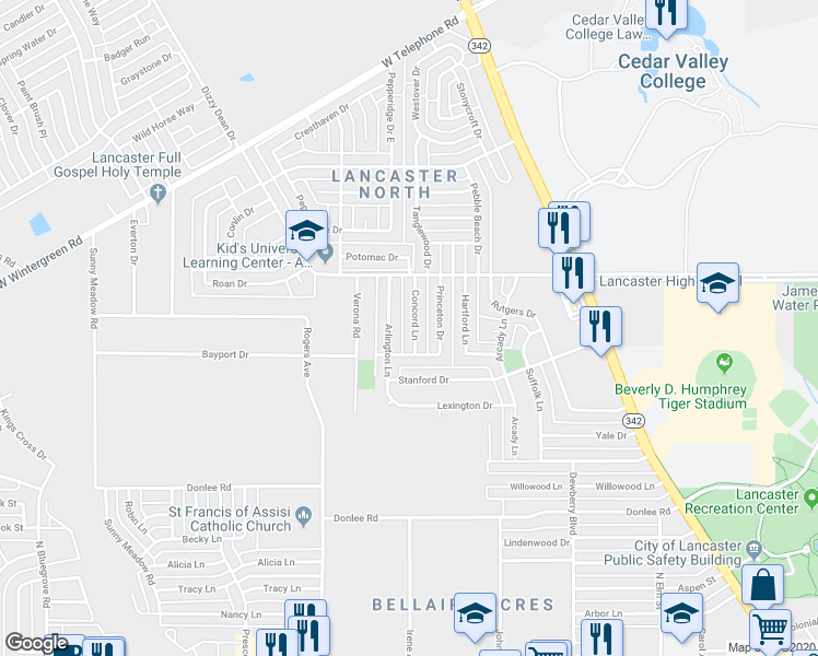 map of restaurants, bars, coffee shops, grocery stores, and more near 2617 Concord Lane in Lancaster