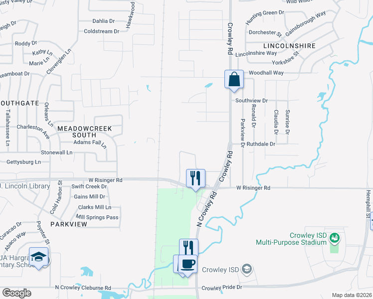 map of restaurants, bars, coffee shops, grocery stores, and more near 9616 Crowley Road in Fort Worth