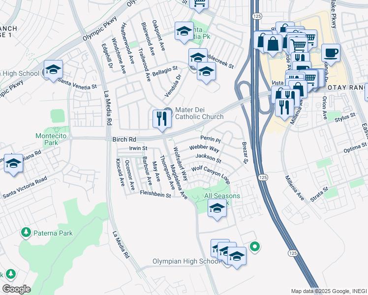 map of restaurants, bars, coffee shops, grocery stores, and more near 1717 Webber Way in Chula Vista