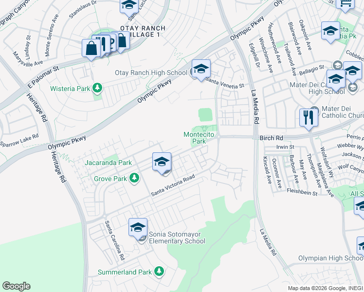 map of restaurants, bars, coffee shops, grocery stores, and more near 1481 Pershing Road in Chula Vista