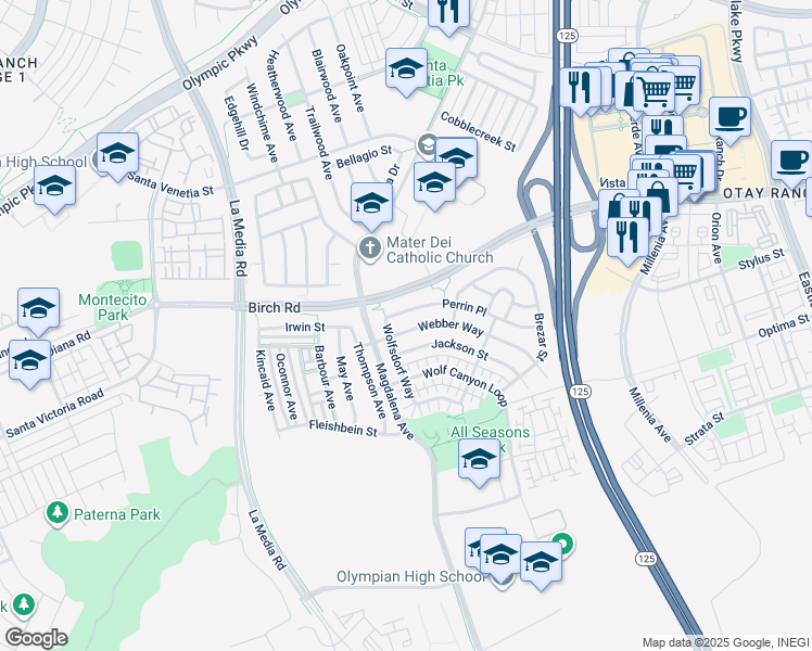 map of restaurants, bars, coffee shops, grocery stores, and more near 1717 Webber Way in Chula Vista