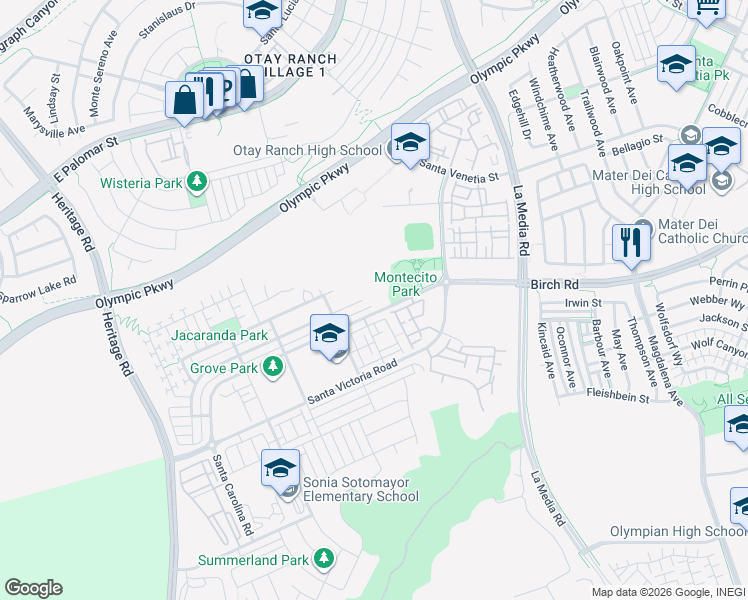 map of restaurants, bars, coffee shops, grocery stores, and more near 1481 Pershing Road in Chula Vista