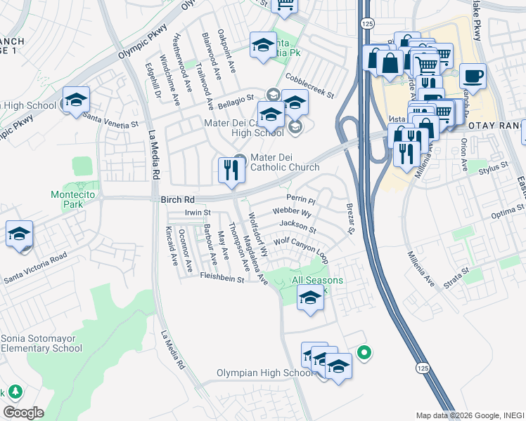 map of restaurants, bars, coffee shops, grocery stores, and more near 1717 Webber Way in Chula Vista