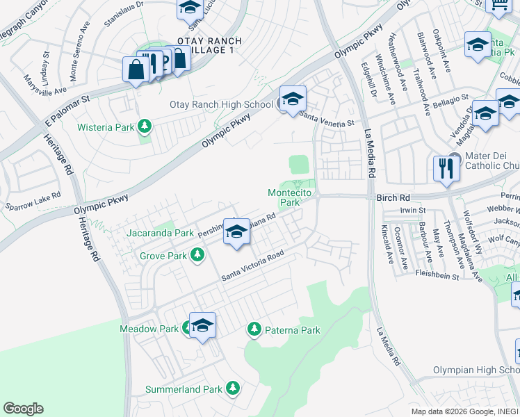 map of restaurants, bars, coffee shops, grocery stores, and more near 1506 Pershing Road in Chula Vista