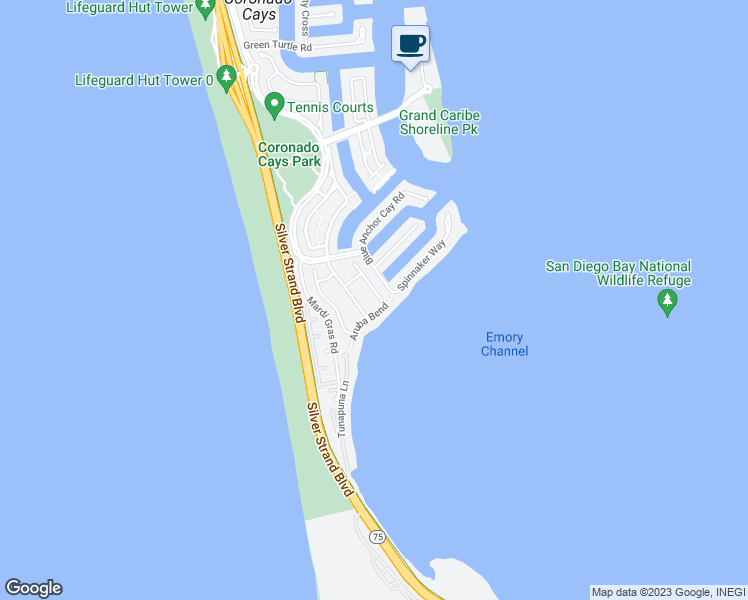 map of restaurants, bars, coffee shops, grocery stores, and more near 42 Saint Christophers Lane in Coronado
