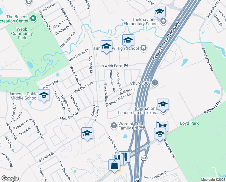 map of restaurants, bars, coffee shops, grocery stores, and more near 7705 White Fawn Road in Arlington