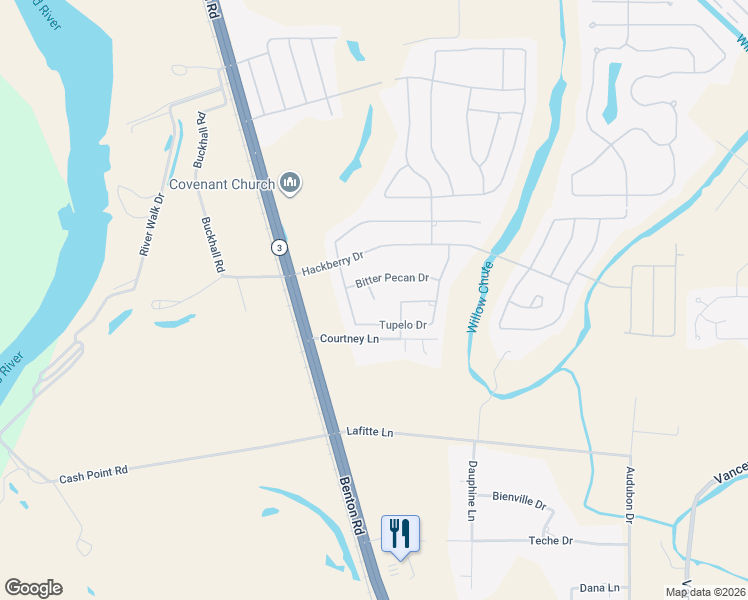 map of restaurants, bars, coffee shops, grocery stores, and more near Button Willow Drive in Bossier City