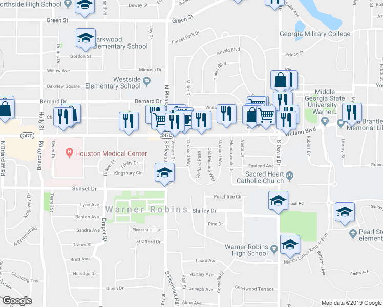 map of restaurants, bars, coffee shops, grocery stores, and more near 347 Orchard Way in Warner Robins
