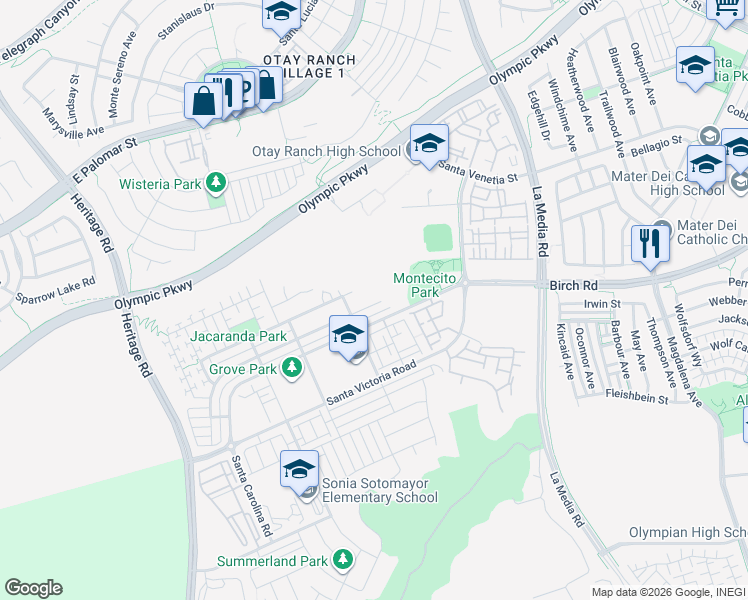 map of restaurants, bars, coffee shops, grocery stores, and more near 1481 Pershing Road in Chula Vista