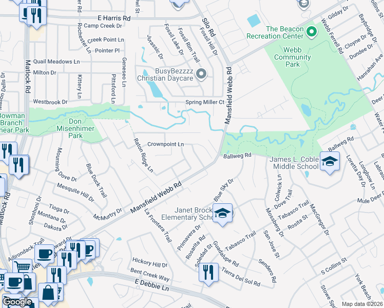map of restaurants, bars, coffee shops, grocery stores, and more near 716 Crownpoint Court in Arlington