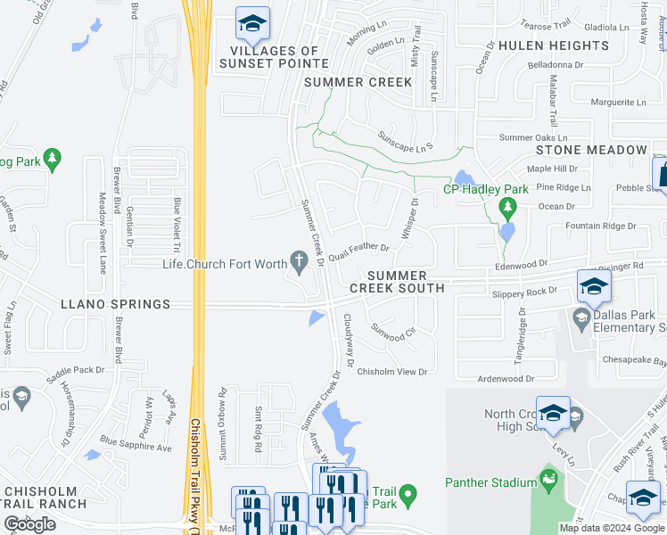 map of restaurants, bars, coffee shops, grocery stores, and more near 5245 Cedar Brush Drive in Fort Worth