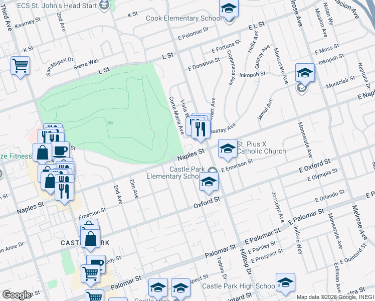 map of restaurants, bars, coffee shops, grocery stores, and more near 58 Country Club Circle in Chula Vista