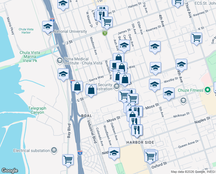 map of restaurants, bars, coffee shops, grocery stores, and more near 895 Riverlawn Avenue in Chula Vista