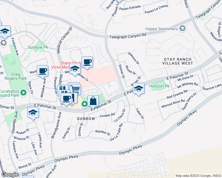 map of restaurants, bars, coffee shops, grocery stores, and more near 825 East Palomar Street in Chula Vista