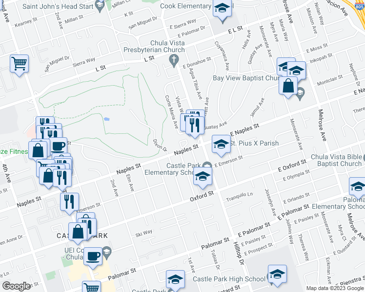map of restaurants, bars, coffee shops, grocery stores, and more near 89 Country Club Circle in Chula Vista