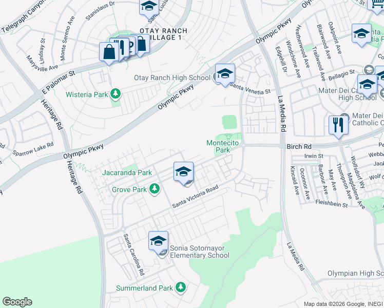 map of restaurants, bars, coffee shops, grocery stores, and more near 1481 Pershing Road in Chula Vista