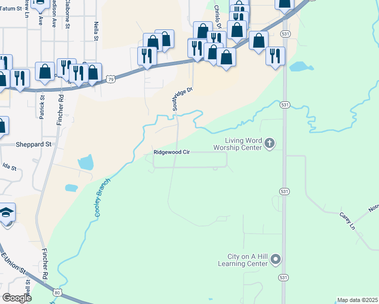 map of restaurants, bars, coffee shops, grocery stores, and more near 1100 Ridgewood Circle in Minden