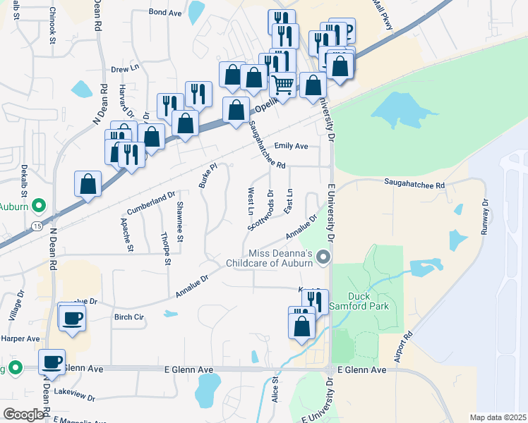 map of restaurants, bars, coffee shops, grocery stores, and more near 624 West Lane in Auburn