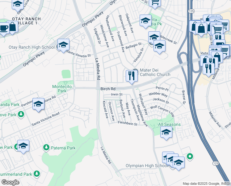 map of restaurants, bars, coffee shops, grocery stores, and more near 1653 Irwin Street in Chula Vista