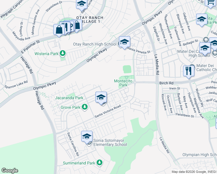 map of restaurants, bars, coffee shops, grocery stores, and more near 1481 Pershing Road in Chula Vista