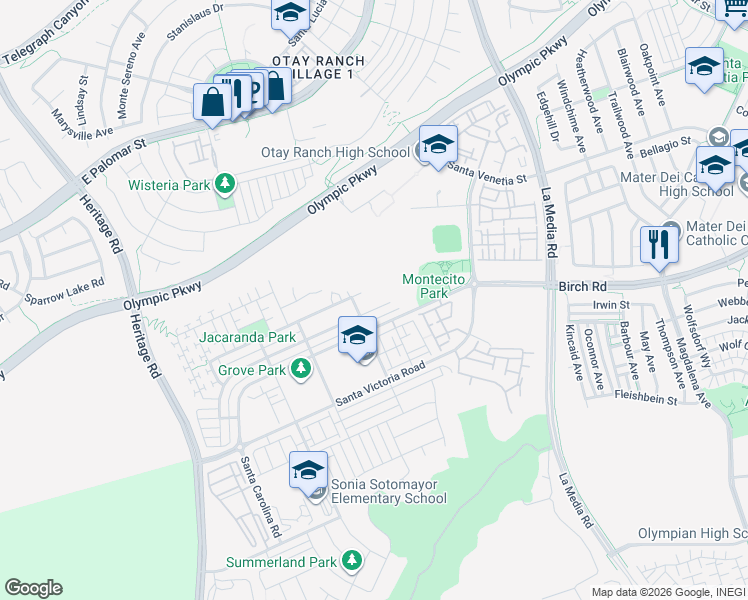 map of restaurants, bars, coffee shops, grocery stores, and more near 1481 Pershing Road in Chula Vista