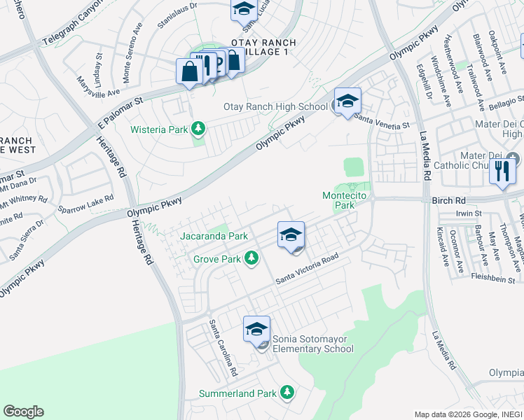 map of restaurants, bars, coffee shops, grocery stores, and more near 1349 Pyramid Peak Street in Chula Vista
