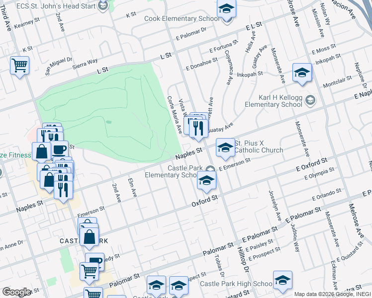 map of restaurants, bars, coffee shops, grocery stores, and more near 58 Country Club Circle in Chula Vista
