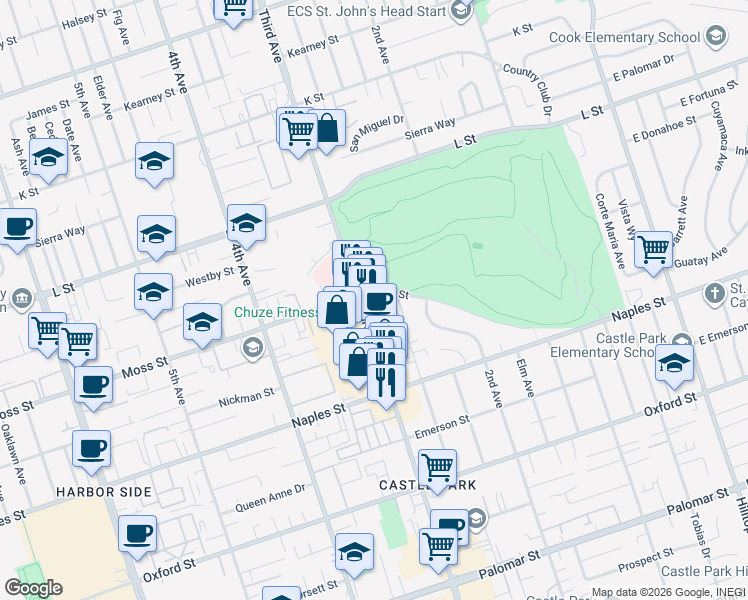 map of restaurants, bars, coffee shops, grocery stores, and more near 960 Third Avenue in Chula Vista