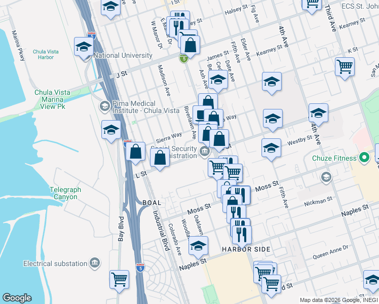 map of restaurants, bars, coffee shops, grocery stores, and more near 869 Riverlawn Avenue in Chula Vista