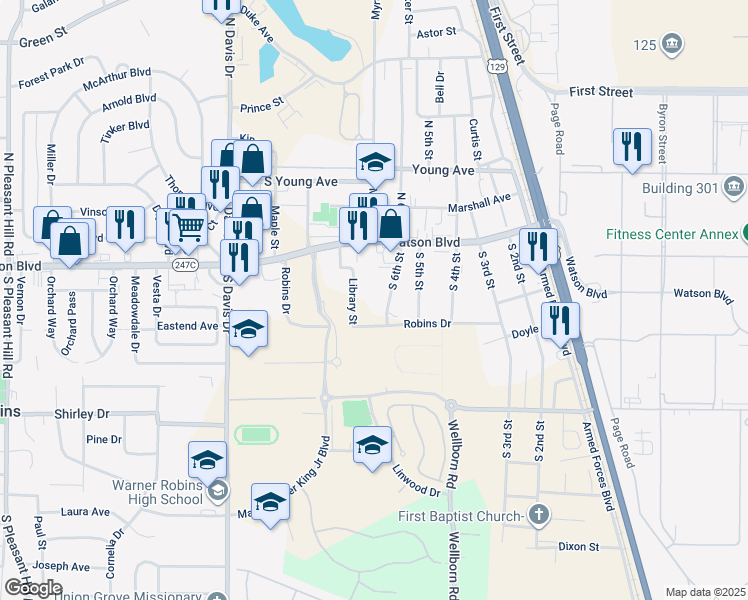 map of restaurants, bars, coffee shops, grocery stores, and more near 715 Watson Boulevard in Warner Robins