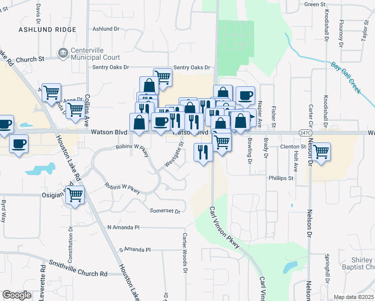 map of restaurants, bars, coffee shops, grocery stores, and more near 107 Wingate Circle in Warner Robins