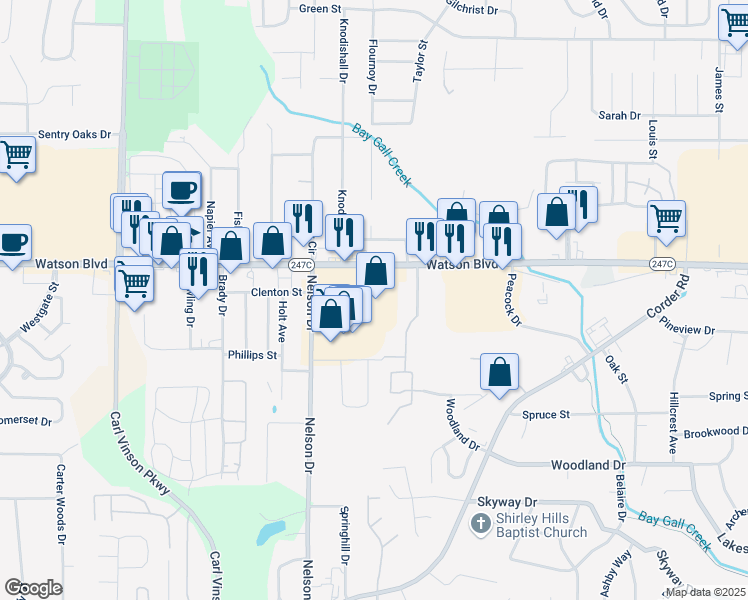 map of restaurants, bars, coffee shops, grocery stores, and more near 2191 Watson Boulevard in Warner Robins