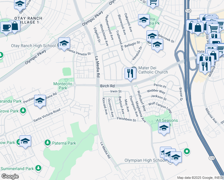 map of restaurants, bars, coffee shops, grocery stores, and more near 1653 Irwin Street in Chula Vista