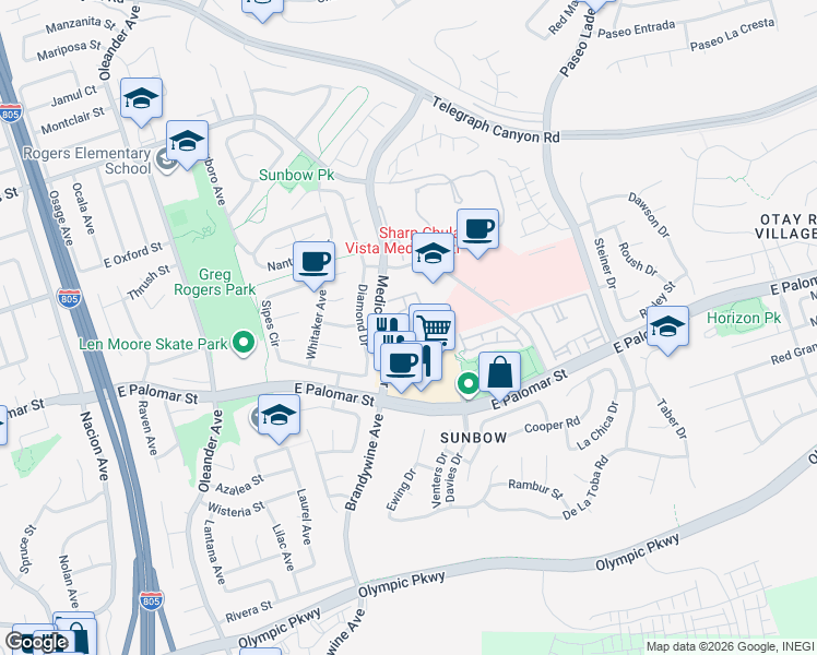 map of restaurants, bars, coffee shops, grocery stores, and more near 1301 Medical Center Drive in Chula Vista