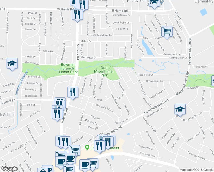 map of restaurants, bars, coffee shops, grocery stores, and more near 307 Trailblazer Court in Arlington