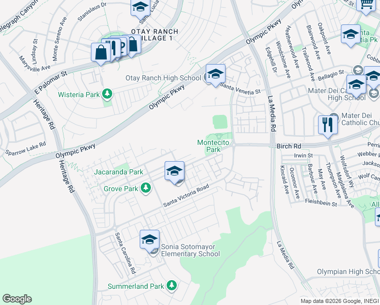map of restaurants, bars, coffee shops, grocery stores, and more near 1481 Pershing Road in Chula Vista