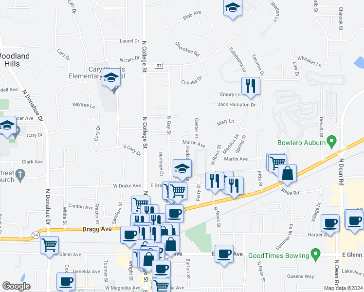 map of restaurants, bars, coffee shops, grocery stores, and more near 232 Martin Avenue in Auburn