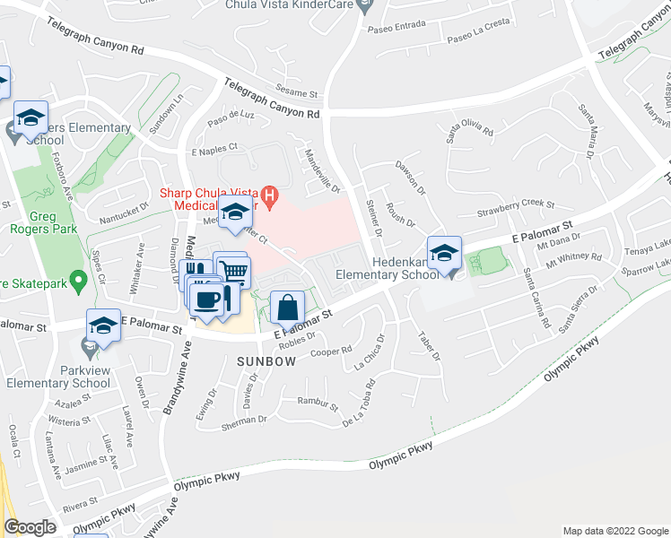 map of restaurants, bars, coffee shops, grocery stores, and more near 825 East Palomar Street in Chula Vista