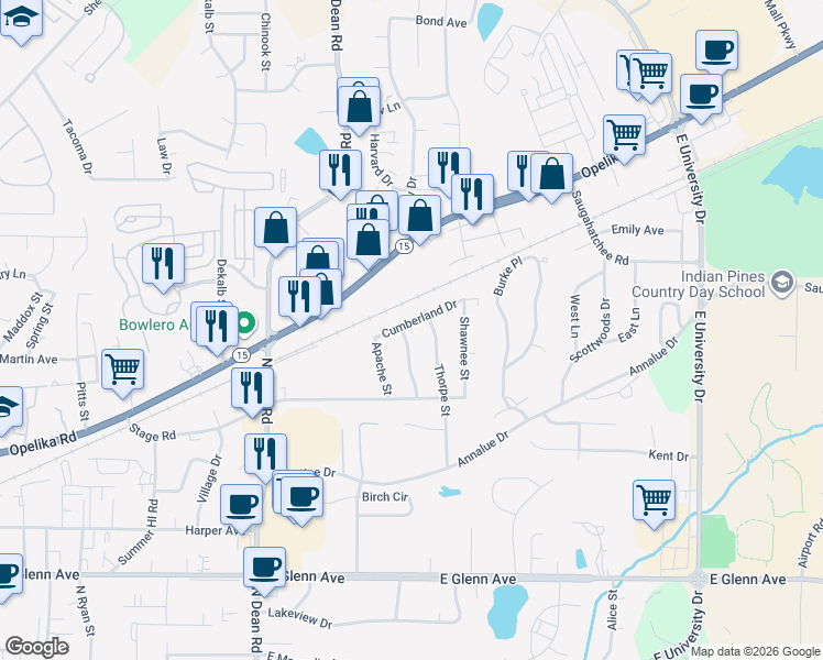 map of restaurants, bars, coffee shops, grocery stores, and more near 1023 Cumberland Drive in Auburn